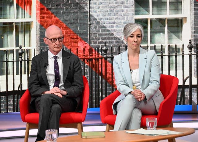 campaign co-ordinator Pat McFadden with deputy leader of the Liberal Democrats Daisy Cooper on the BBC's Sunday With Laura Kuenssberg