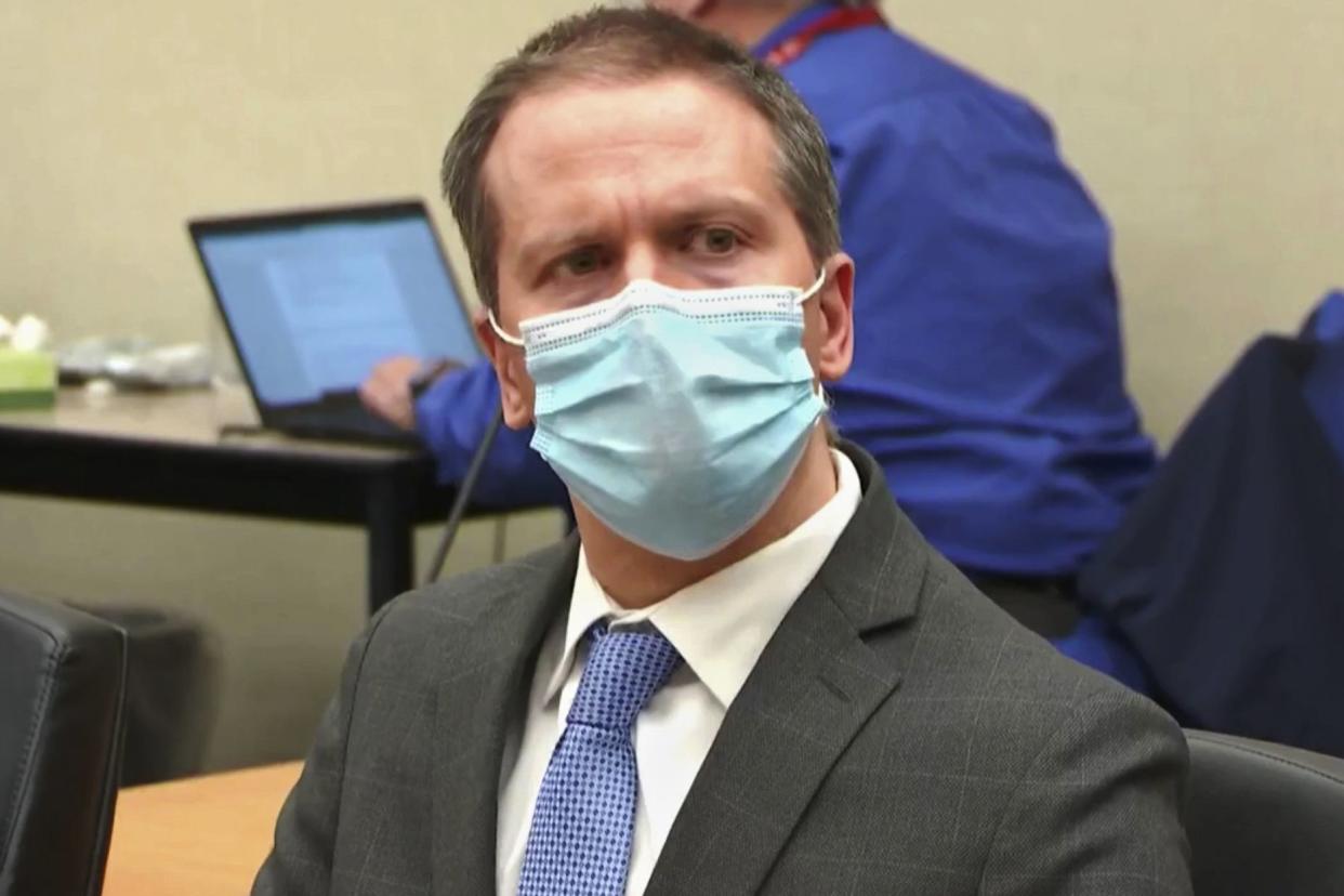 In this April 20 image taken from video, former Minneapolis police Officer Derek Chauvin, listens to verdicts at his trial for the 2020 death of George Floyd at the Hennepin County Courthouse. 