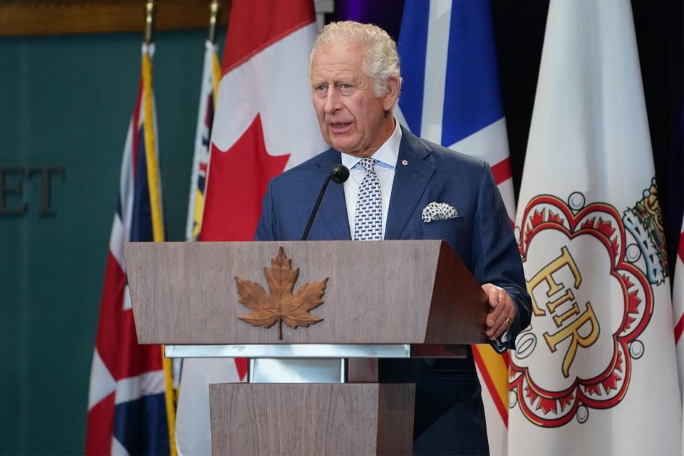 Prince Charles, Prince of Wales attends the Confederation Building on day one of the Platinum Jubilee Royal Tour of Canada on May 17, 2022 in Saint John's, Canada. The Prince of Wales and Duchess of Cornwall are visiting for three days from 17th to 19th May 2022. The tour forms part of Queen Elizabeth II's Platinum Jubilee celebrations.