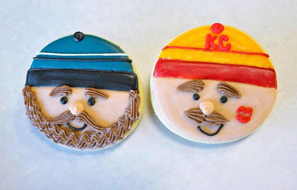 Jason Kelce’s cookie at Best Regards Bakery & Cafe features his full beard and mustache. Travis Kelce’s cookie features a lipstick mark presumably from Taylor Swift.