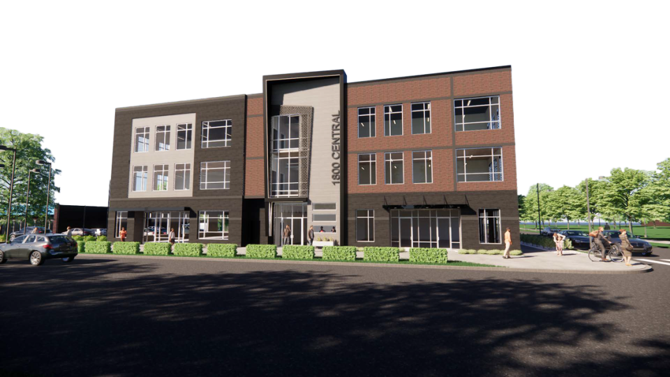 A rendering of the building at 1800 Central Avenue, next to Harris Teeter, which will have offices and retail when it is complete next year.