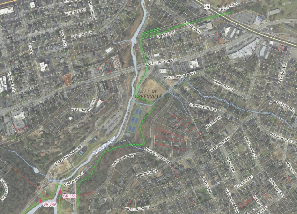 How the Laurens Road extension of the Swamp Rabbit Trail will enter Cleveland Park. A loop design down a steep hill into the park will keep the trail at a manageable grade.