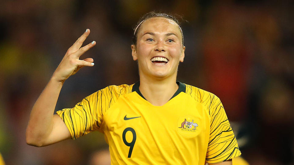 Caitlin Foord of Australia celebrates her third goal during the International Women’s Friendly match between the Australian Matildas and Chile at McDonald Jones Stadium on November 13, 2018 in Newcastle, Australia. (Photo by Tony Feder/Getty Images)