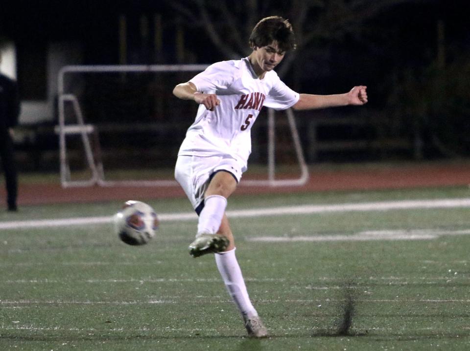 Santa Fe Catholic senior Aidan Lausell takes a shot during the first half on Friday night in the first round of the Class 2A, District 7 boys soccer tournament.