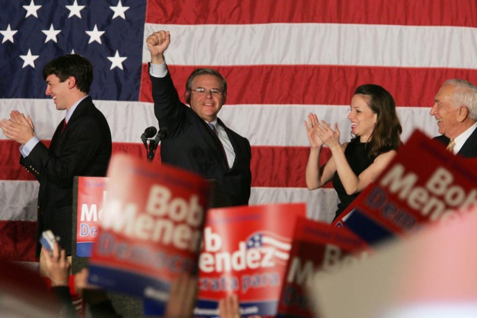 <div class="inline-image__caption"> <p>Bob Menendez, with his son Robert and daughter Alicia by his side, speaks at his election night party on November 7, 2006 after defeating his Republican challenger Tom Kean Jr.</p> </div> <div class="inline-image__credit"> Daniel J. Barry/WireImage/Getty </div>