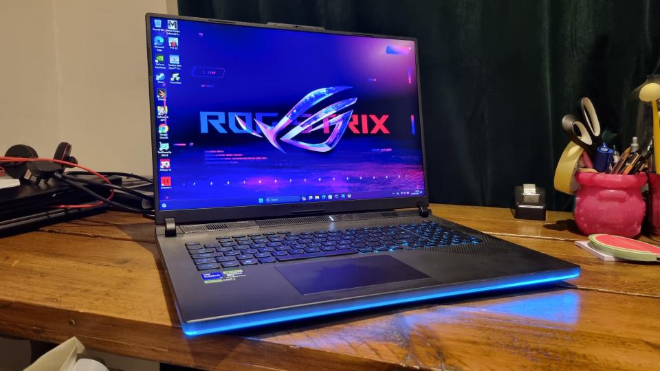The Asus ROG Strix Scar 18 gaming laptop, resplendent in blue