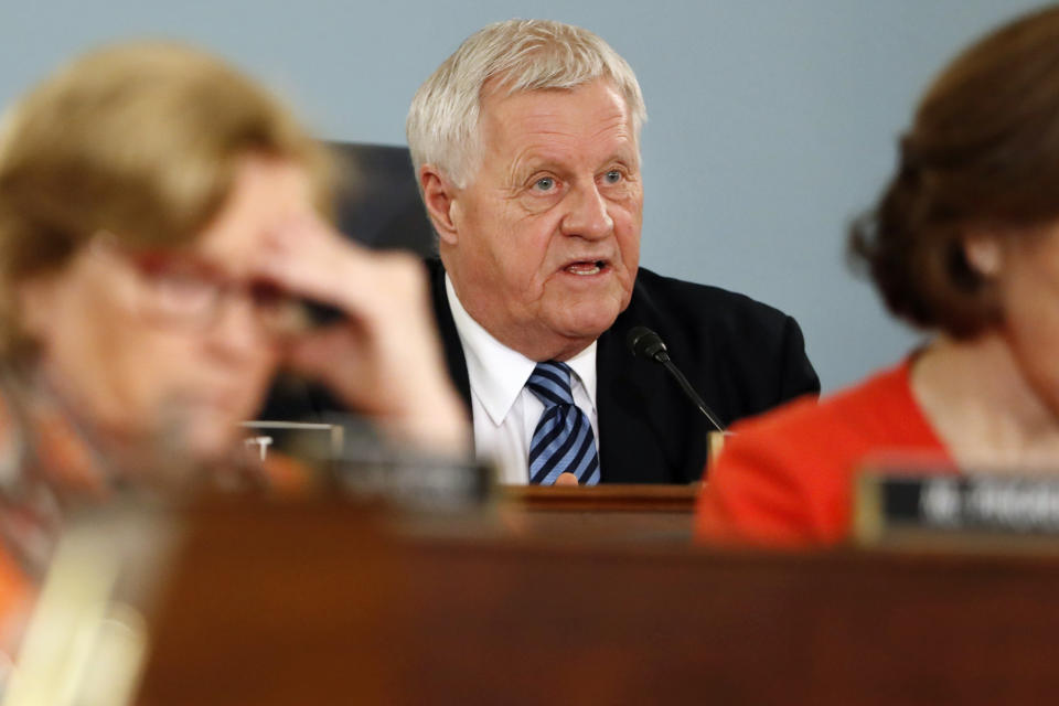 FILE - In this Feb. 27, 2019 file photo, House Agriculture Committee Chairman Rep. Collin Peterson, D-Minn., asks a question on Capitol Hill in Washington. The 2020 election poses a dilemma for conservative Republican voters like Minnesota farmer Jeff Ampe. He likes his incumbent Democratic congressman, Chairman Peterson. He also likes Peterson's leading GOP challenger, former Lt. Gov. Michelle Fischbach. The 75-year-old Peterson says he won't decide until January or February whether he'll seek a 16th term, and Fischbach still must secure the Republican nomination.(AP Photo/Jacquelyn Martin File)