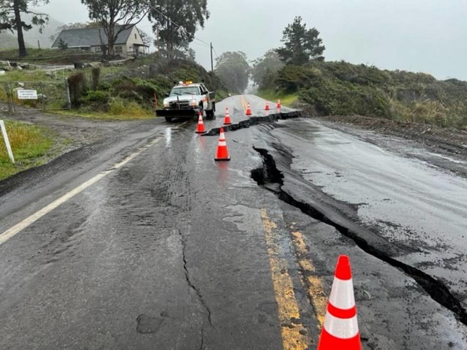 A section of Highway 1 slumps toward the ocean in March 2023, just north of the town of Gorda, about 10 miles north of the county line.