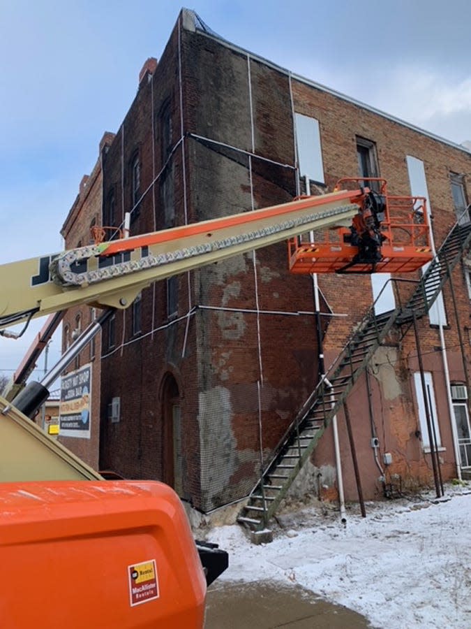 Construction crews directed their attention immediately to the southwest corner of the historic Union Hall Block Building in White Pigeon. Work on correcting structural flaws started Jan. 23.