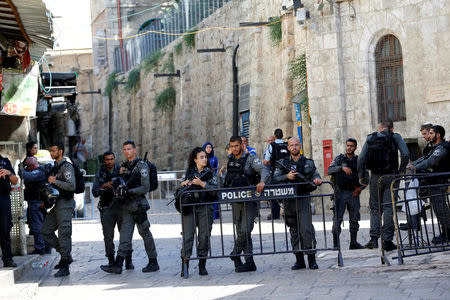 Israeli border policemen secure the area near the scene of the shooting attack, in Jerusalem's Old City July 14, 2017. REUTERS/Ammar Awad