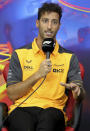 McLaren driver Daniel Ricciardo of Australia speaks during a media conference ahead of the Formula One Grand Prix at the Spa-Francorchamps racetrack in Spa, Belgium, Thursday, Aug. 25, 2022. The Belgian Formula One Grand Prix will take place on Sunday. (AP Photo/Olivier Matthys)