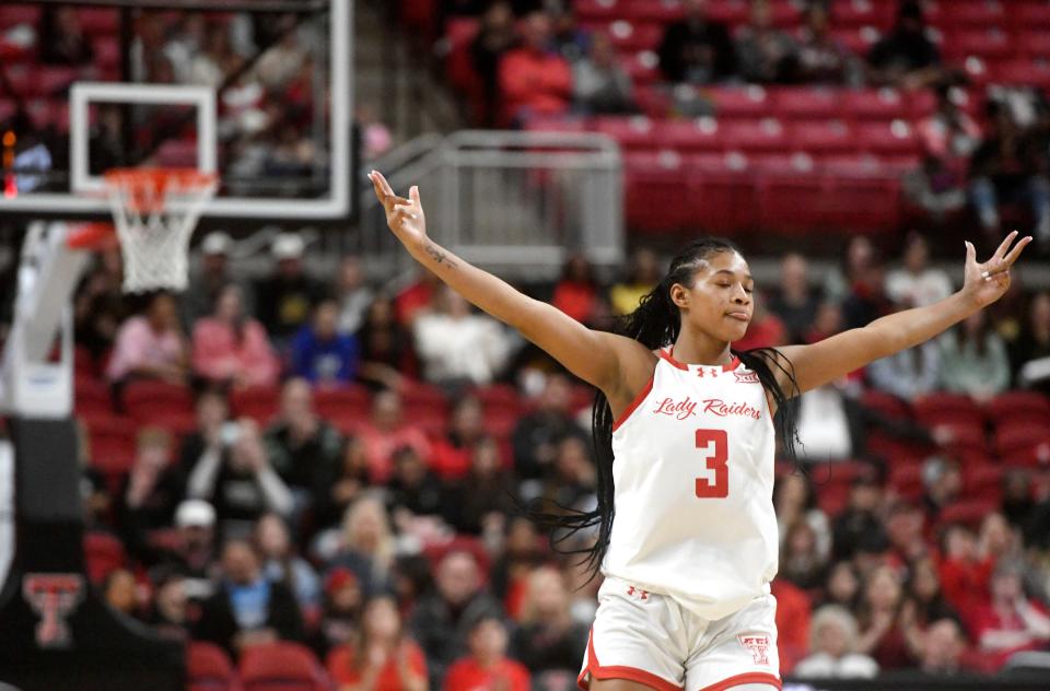 Texas Tech's guard Jasmine Shavers (3) gestures after making a 3-pointer shot against Kansas in a Big 12 basketball game, Saturday, Jan. 6, 2024, at United Supermarkets Arena.