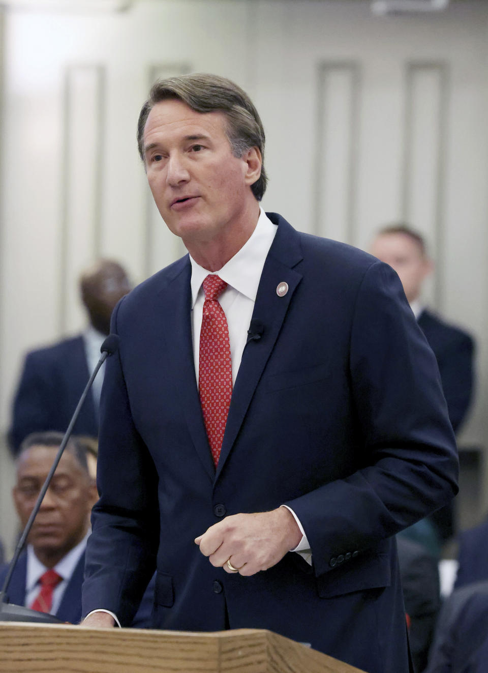 FILE - Virginia Gov. Glenn Youngkin speaks at a joint meeting of the legislature's money committees to talk about the state's revenues at the Pocahontas Building in Richmond, Va., Aug. 23, 2023. (Daniel Sangjib Min/Richmond Times-Dispatch via AP, File)