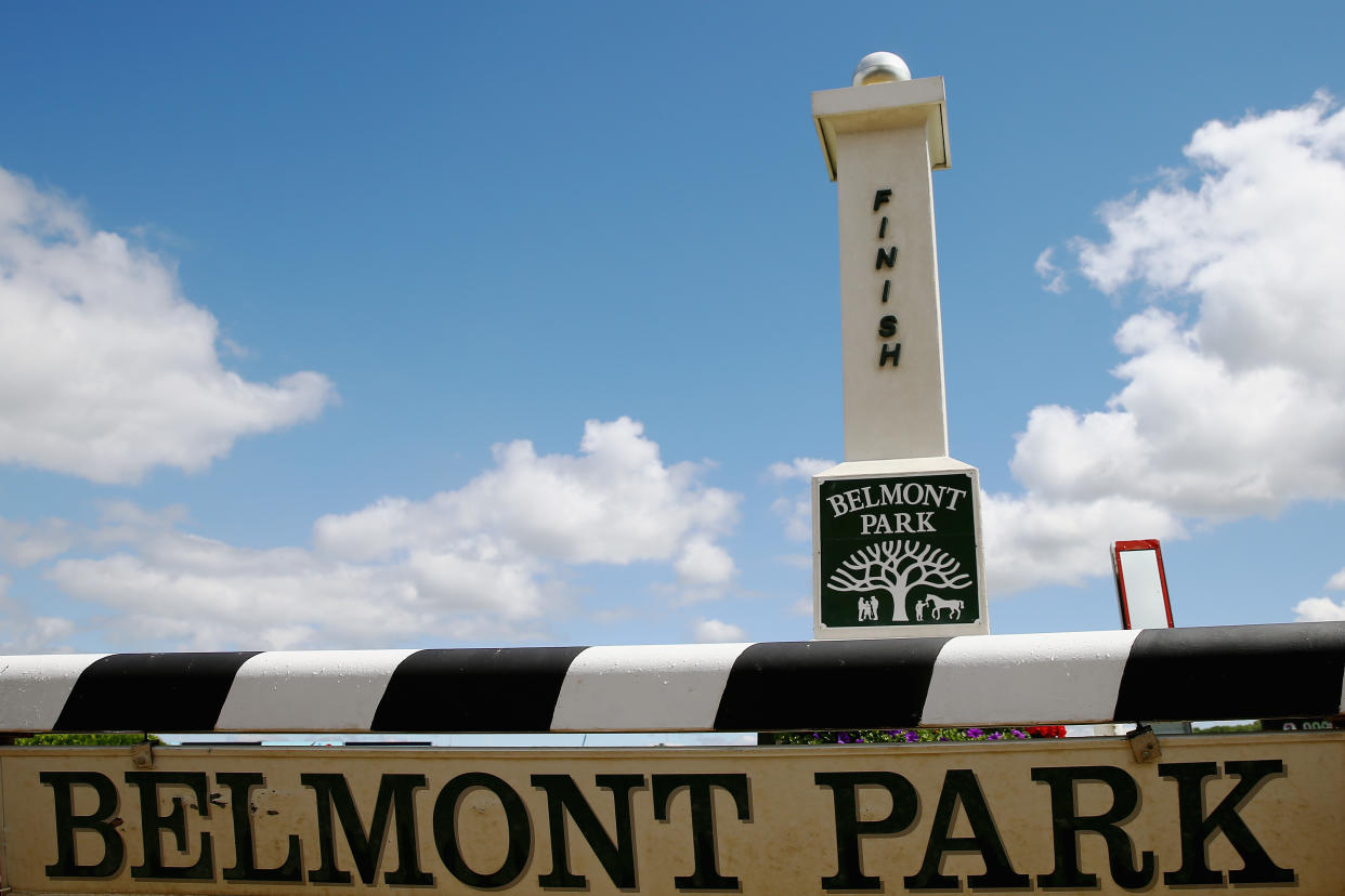 A sign is seen at Belmont Park on June 6, 2014 in Elmont, New York.  On Saturday, June 7, California Chrome will attempt to win the triple crown with a win in the Belmont Stakes.  (Photo by Streeter Lecka/Getty Images)