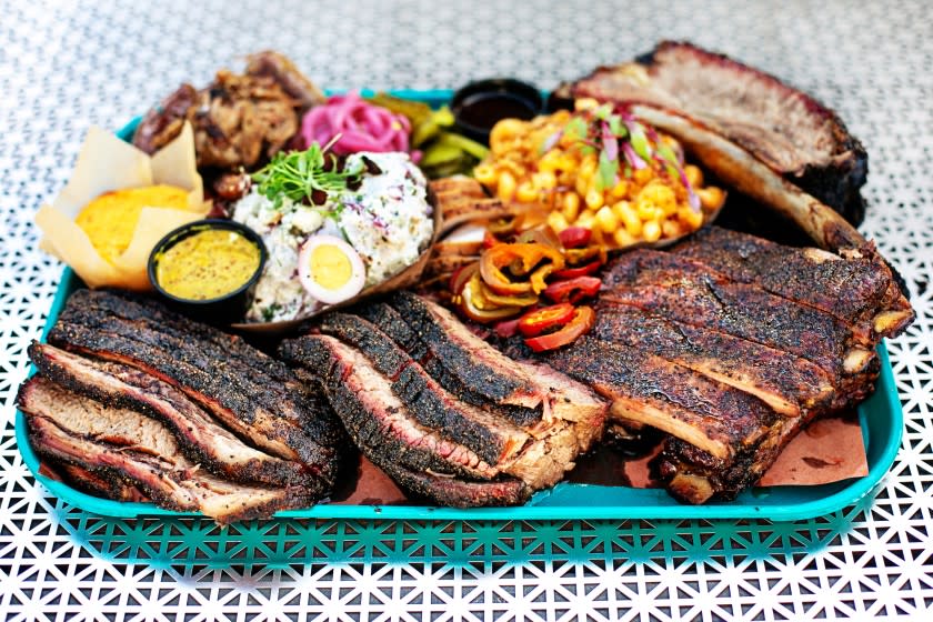 A plate of barbecue and sides from Heritage BBQ.