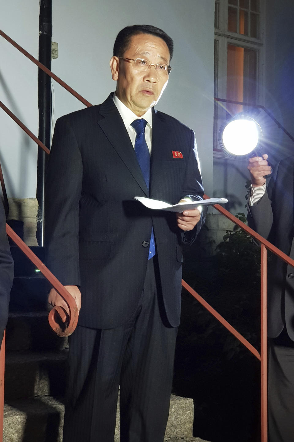 North Korean negotiator, Kim Miyong Gil speaks outside the North Korean Embassy in Stockholm, Sweden, Saturday, Oct. 5, 2019. North Korea's chief negotiator said Saturday that discussions with the U.S. on Pyongyang's nuclear program have broken down, but Washington said the two sides had "good discussions" that it intends to build on in two weeks. (KOREA POOL/Yonhap via AP)