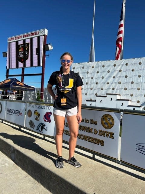 Tulare Union's Ava Olson placed 15th overall in the girls 500-yard freestyle on May 14 at the 2022 CIF State championship meet at Clovis West.