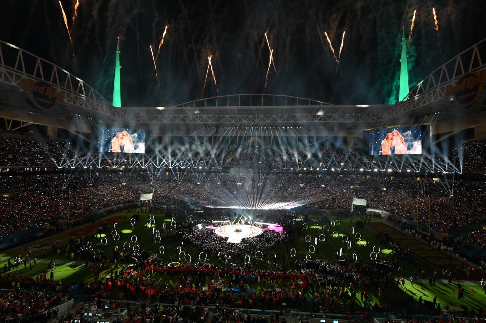 US singer Jennifer Lopez and Colombian singer Shakira perform during the halftime show of Super Bowl LIV between the Kansas City Chiefs and the San Francisco 49ers at Hard Rock Stadium in Miami Gardens, Florida, on February 2, 2020. (Photo by ANGELA WEISS/AFP via Getty Images)