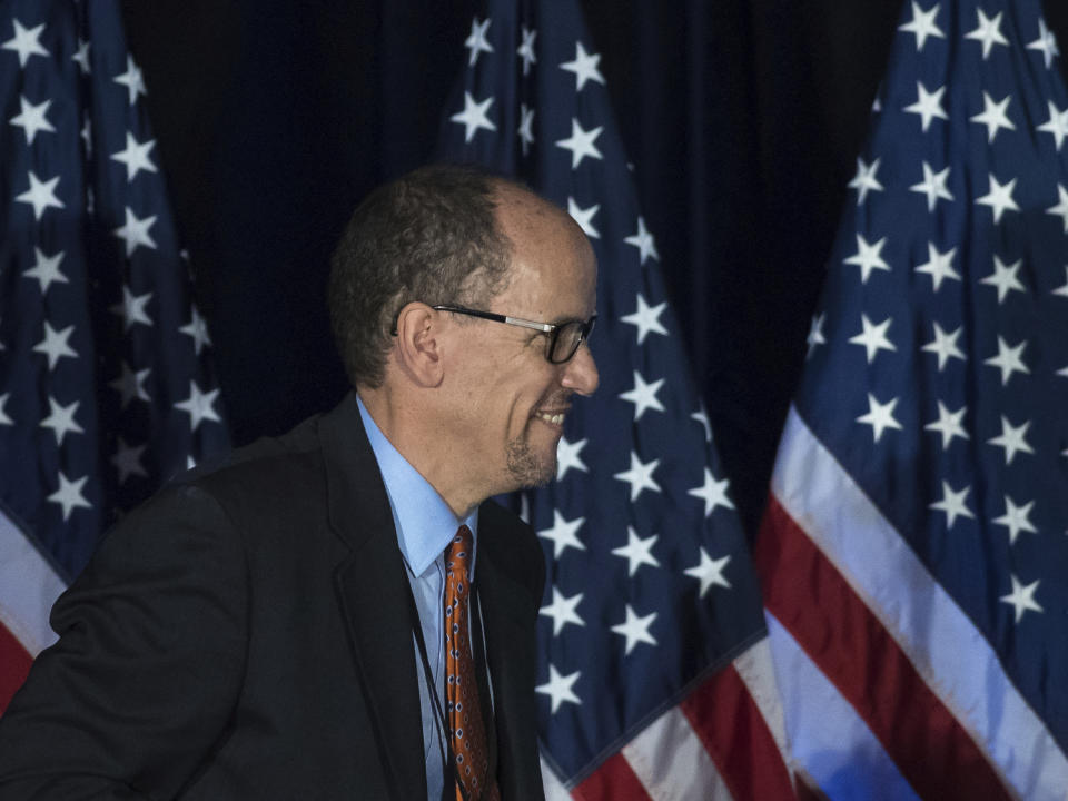 Former Labor Secretary Tom Perez, who is a candidate to run the Democratic National Committee, before speaking during the general session of the DNC winter meeting in Atlanta, Saturday, Feb. 25, 2017. (AP Photo/Branden Camp)