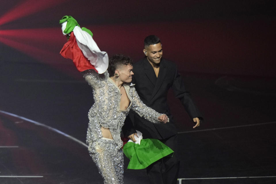 Mamhmood & Blanco from Italy arrive for the Grand Final of the Eurovision Song Contest at Palaolimpico arena, in Turin, Italy, Saturday, May 14, 2022. (AP Photo/Luca Bruno)