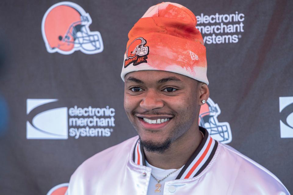 Browns rookie Cameron Mitchell speaks with reporters before the team's rookie minicamp in Berea, Saturday, May 13, 2023.