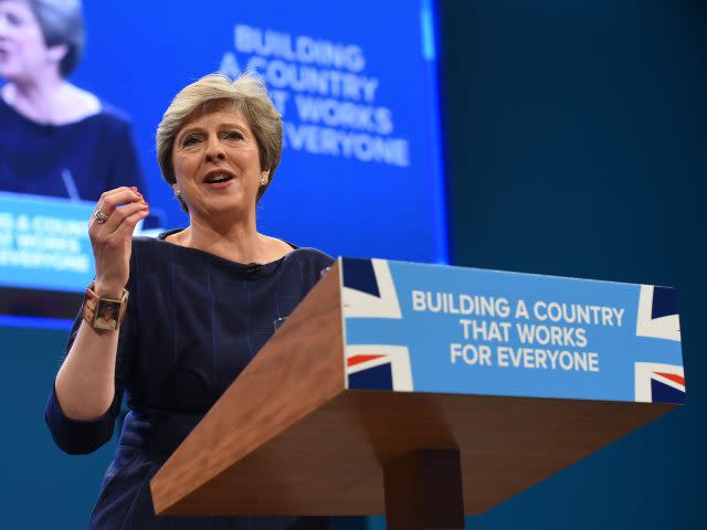 Theresa May speaks at the Conservative Party Conference in Manchester