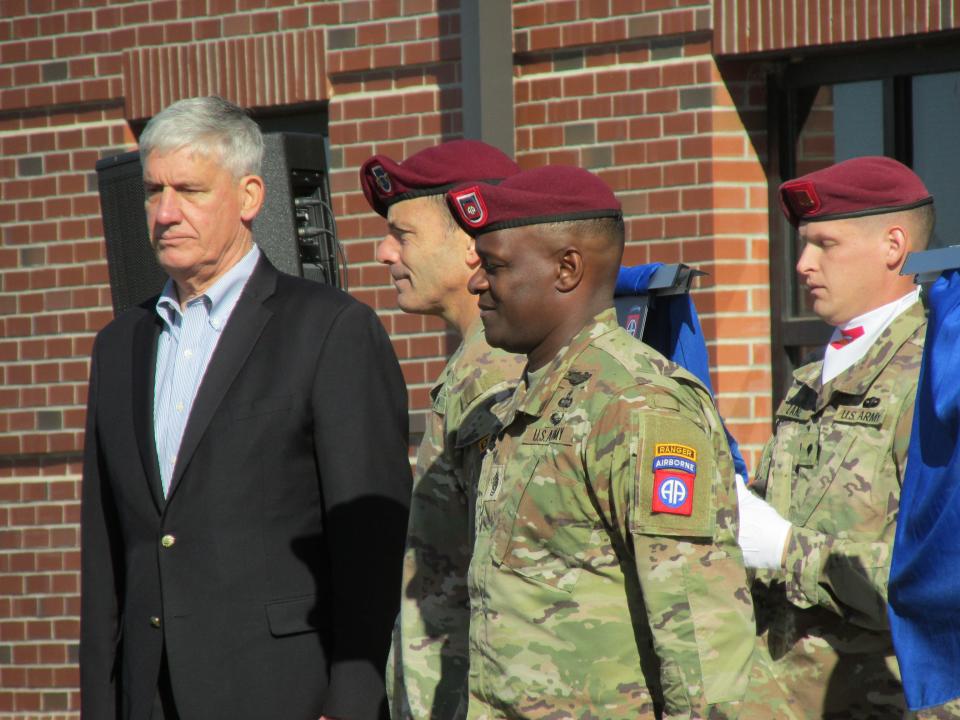 From left to right, retired Gen. David Rodriguez is inducted into the 82nd Airborne Divison's Hall of Fame during a ceremony Friday, Nov. 19, 2021, at Fort Bragg, and is recognized by the division's command team, Maj. Gen. Christopher Donahue and Command Sgt. Maj. David Pitt.