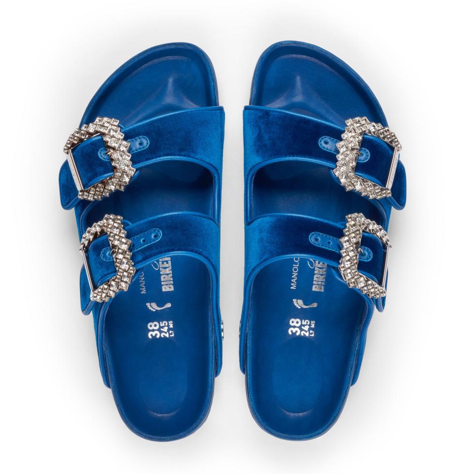 A pair of blue sandals from the Birkenstock x Manolo Blahnik collection takes inspiration from the "Sex and the City" character Carrie Bradshaw.