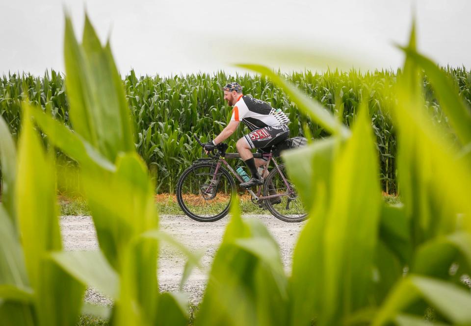 Cyclists pass by cornfields along the gravel loop near McClelland during RAGBRAI in 2019.