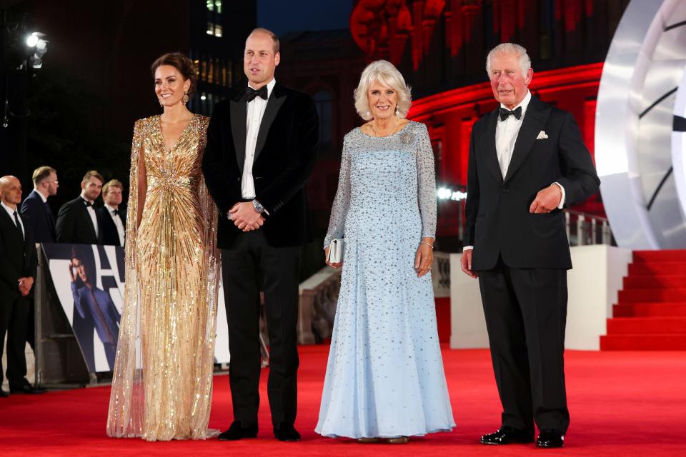 Duchess Kate, Prince William, Camilla, the Duchess of Cornwall and Prince Charles, arrive for the World premiere of the new film from the James Bond franchise 'No Time To Die', in London on Sept. 28, 2021.