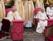 <p>LONDON, ENGLAND - MAY 06: King Charles III and Camilla, Queen Consort during the coronation ceremony of King Charles III and Queen Camilla in Westminster Abbey, on May 6, 2023 in London, England. The Coronation of Charles III and his wife, Camilla, as King and Queen of the United Kingdom of Great Britain and Northern Ireland, and the other Commonwealth realms takes place at Westminster Abbey today. Charles acceded to the throne on 8 September 2022, upon the death of his mother, Elizabeth II. (Photo by Victoria Jones - WPA Pool/Getty Images)</p> 