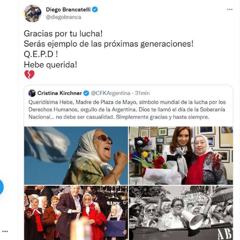 Diego Brancatelli también despidió a la titular de Madres de Plaza de Mayo, Hebe de Bonafini, que falleció este domingo, a los 93 años