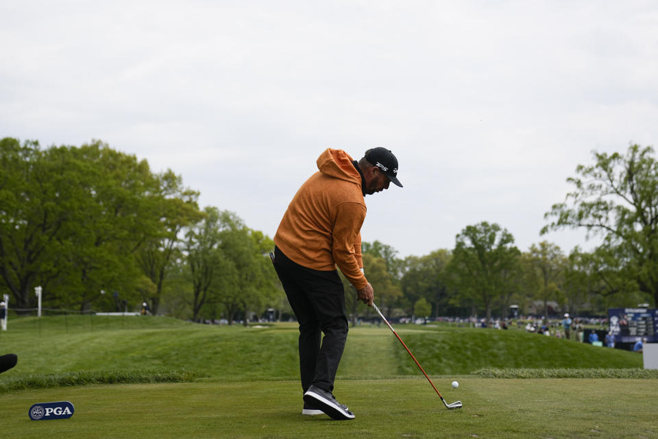 Michael Block hits his tee shot on the seventh hole during the second round of the PGA Championship golf tournament at Oak Hill Country Club on Friday, May 19, 2023, in Pittsford, N.Y. (AP Photo/Eric Gay)