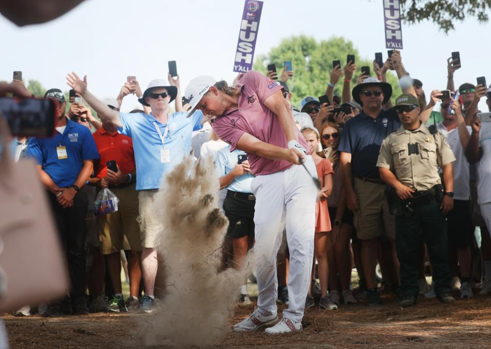 Cameron Smith hits out of the woods on Hole No. 18 during the final round World Golf Championships FedEx-St. Jude Invitational at TPC Southwind  in Memphis, Tenn. on Sunday, August 8, 2021.