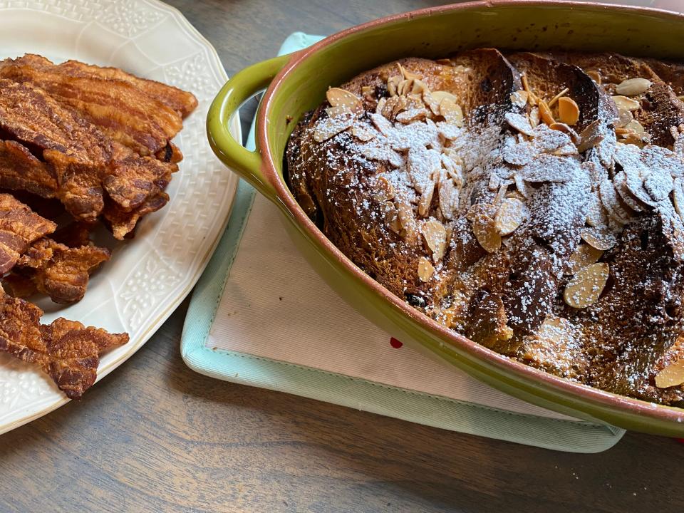 Panettone takes French toast to a new level. The bits of dried fruit that it contains adds flavor, texture, and pazazz. It truly makes it feel like a holiday treat, even for a typical breakfast or brunch.