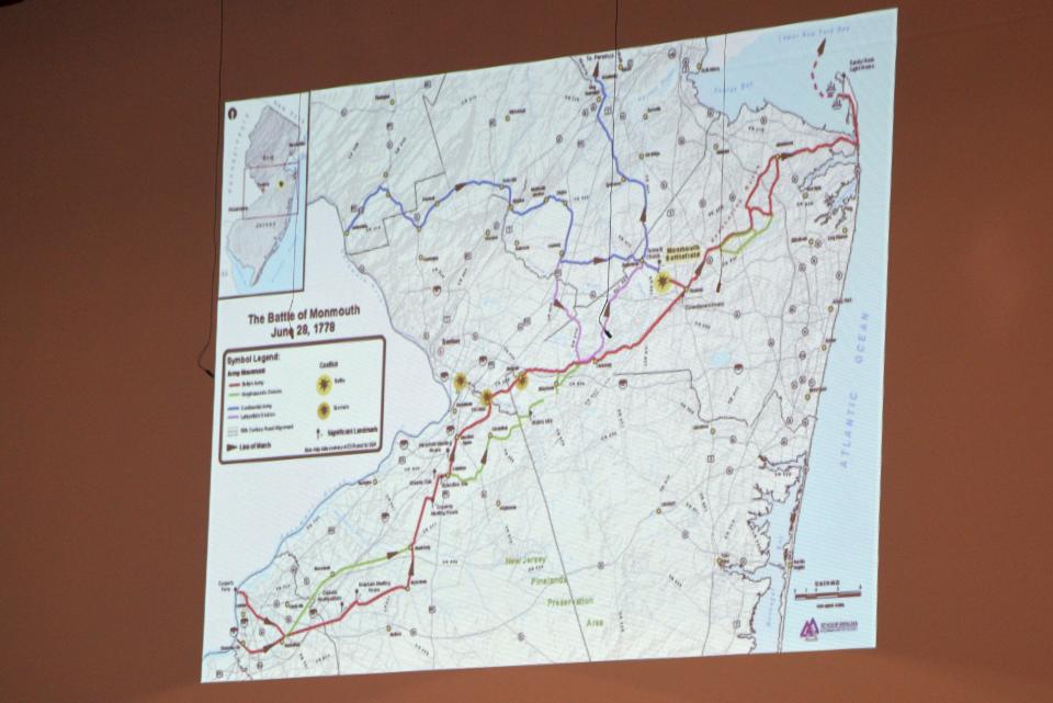 A map of the British army’s 1778 advance from Philadelphia to Sandy Hook in red that was presented during an Upper Freehold planning board on Thursday, June 13, 2024 at Allentown High School in Upper Freehold, New Jersey.