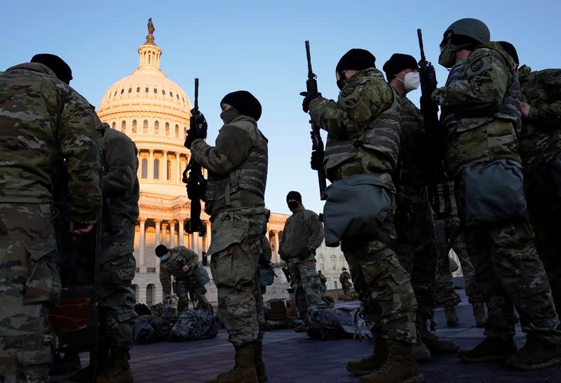 Members of the National Guard gather at the U.S. Capitol in Washington