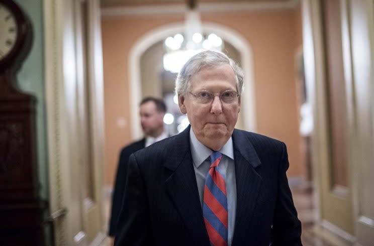 Senate Majority Leader Mitch McConnell goes onto the floor during an all-night sessionJuly 27 to consider the Republican health care bill. (Photo: Melina Mara/Washington Post via Getty Images)