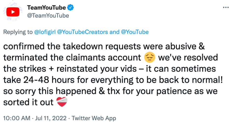 YouTube confirmed that the clip had been removed by mistake (Twitter)