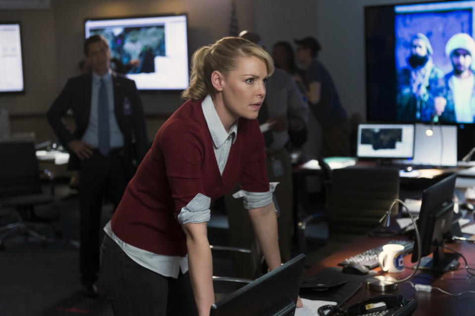 In this photo provided by NBC, Katherine Heigl portrays CIA agent Charleston Tucker in NBC's new series, "State of Affairs." (AP Photo/NBC, Michael Parmelee)