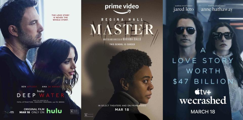 En esta combinación de fotos, el arte promocional de la película "Deep Water", que se estrena el 18 de marzo en Hulu; la película "Master", que debuta el 18 de marzo en Amazon Prime Video, y la serie "WeCrashed", que llega el 18 de marzo a Apple TV+. (Hulu/Amazon Prime/Apple TV+ vía AP)