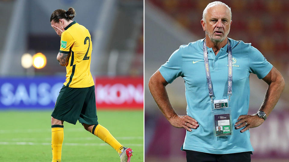 Socceroo Jackson Irvine is pictured left alongside coach Graham Arnold on the right.