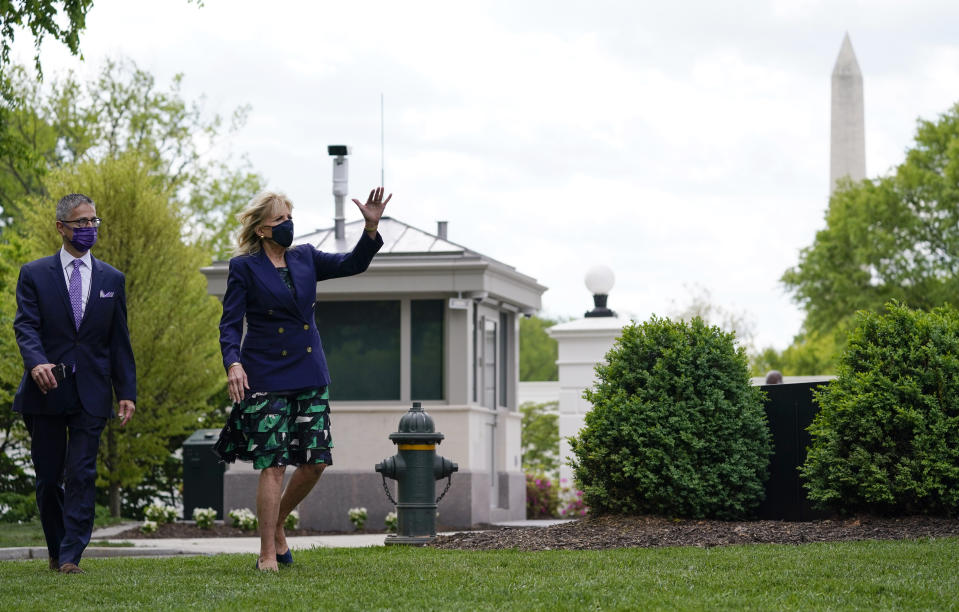 First lady Jill Biden arrives for an Arbor Day tree planting ceremony at the White House, Friday, April 30, 2021, in Washington. (AP Photo/Evan Vucci)