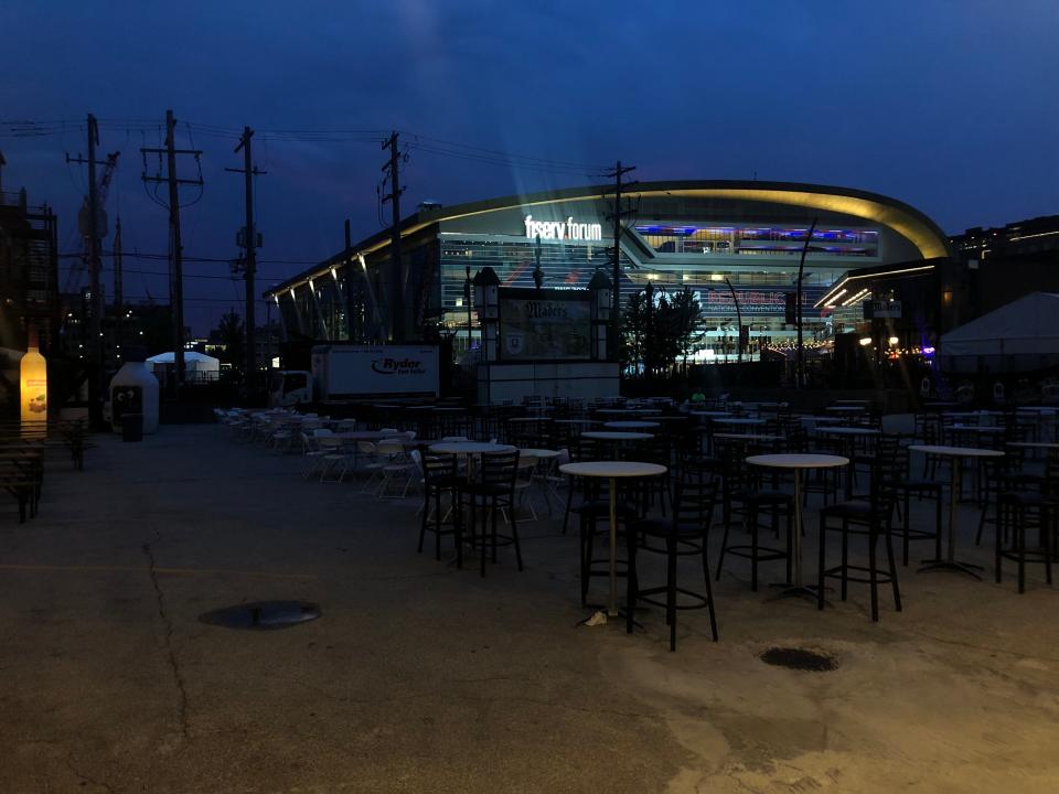 Mader’s beer garden was empty before storms moved in Monday, July 15, 2024.