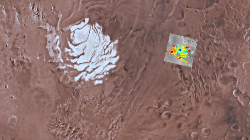 A mosaic image showing the location of a presumed subterranean reservoir, with blue representing liquid water.