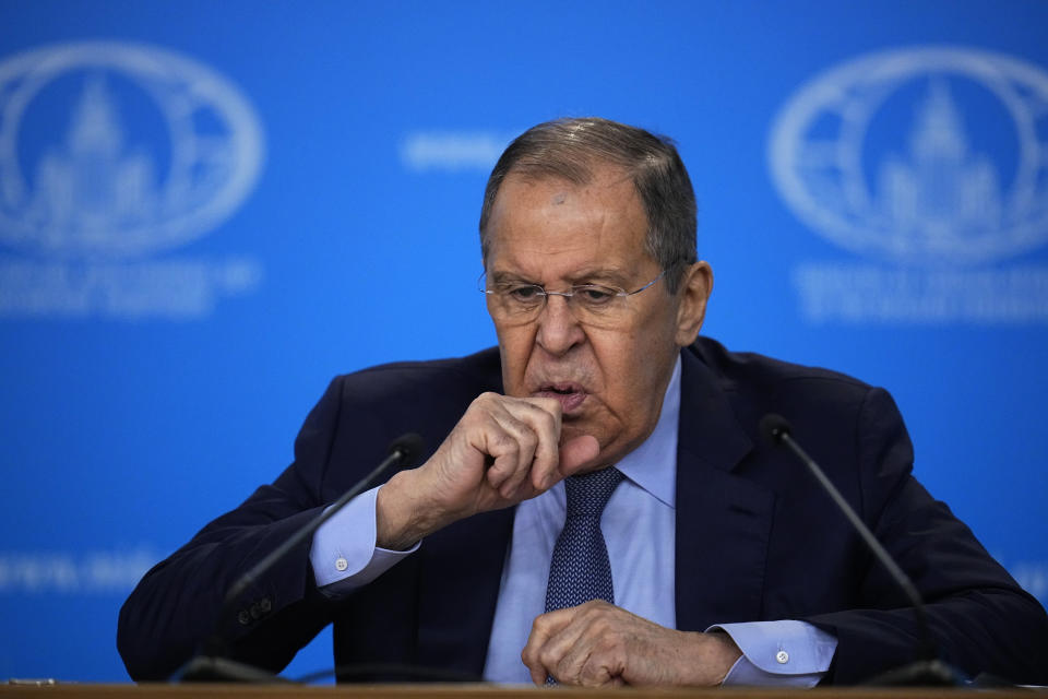 Russian Foreign Minister Sergey Lavrov attends his annual news conference in Moscow, Russia, on Thursday, Jan. 18, 2024. (AP Photo/Alexander Zemlianichenko)