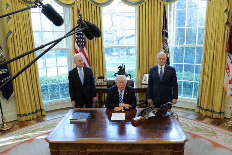 President Trump talks to journalists at the Oval Office of the White House after the AHCA health care bill was pulled before a vote.