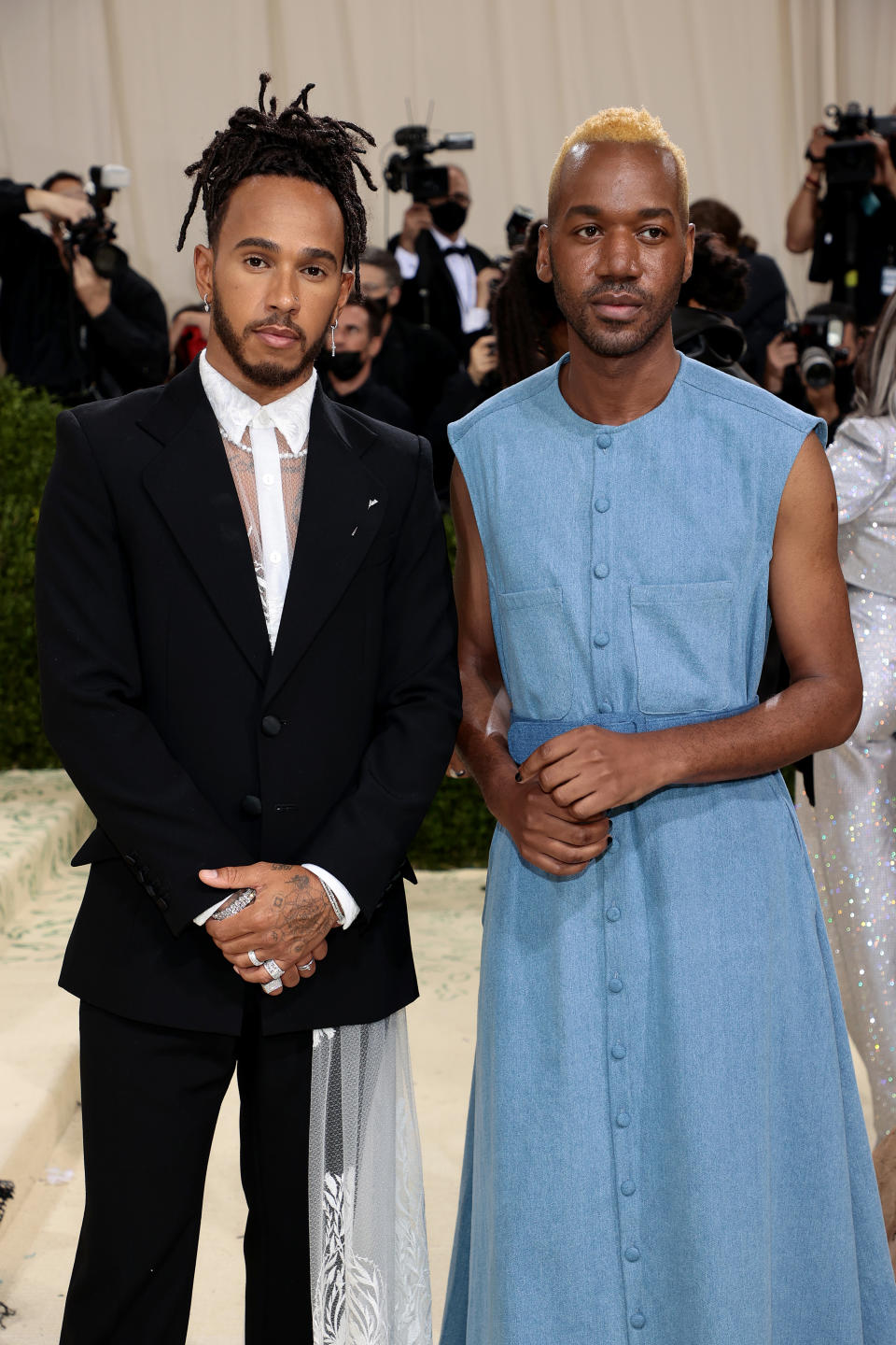 Some fans expressed hope that the 2025 Met Gala will be an opportunity for Black designers such as Kenneth Nicholson (shown here with 2025 co-chair Lewis Hamilton) to really own the red carpet. 
Photo by Dimitrios Kambouris/Getty Images for The Met Museum/Vogue .