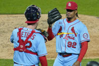 St. Louis Cardinals relief pitcher Genesis Cabrera (92) celebrates with catcher Matt Wieters after getting the final out of a win over the Pittsburgh Pirates in a baseball game in Pittsburgh, Saturday, Sept. 19, 2020. (AP Photo/Gene J. Puskar)