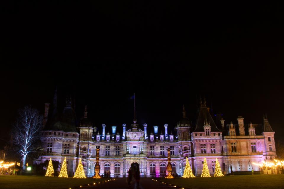 The Manor is seen illuminated at a photo call for the annual 'winter light' Christmas displays at Waddesdon Manor in Aylesbury, north west of London, on December 3, 2020. (Photo by BEN STANSALL / AFP) (Photo by BEN STANSALL/AFP via Getty Images)